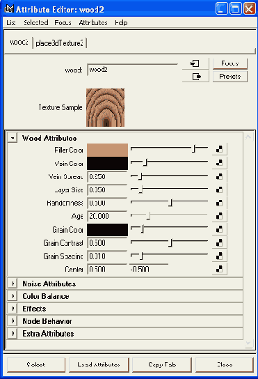 Атрибуты текстуры Wood в окне диалога Attribute Editor